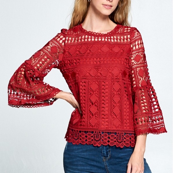 Tops - Last 1! NWT Red Lace Top with bell sleeves